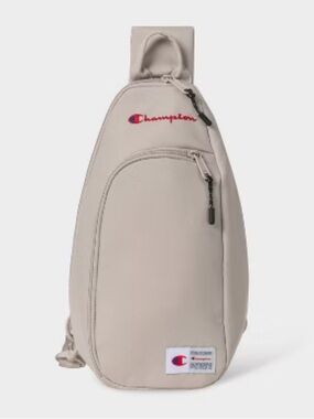 NWT Champion Beige Zipper Padded Sling Adjustable Bag Embroidered Red Logo